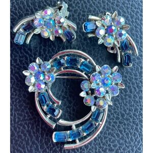 Vintage Lisner Blue Aurora Borealis Rhinestone Brooch and Clip On Earrings Set